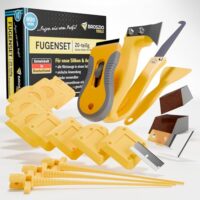Professionelles Silikonentferner Werkzeug zum Entfernen von Silikonfugen und Bearbeiten von Fugenaufgaben - Set mit Fugenmesser, Spachtel, Silikonfugen-Abzieher und weiteren Werkzeugen.