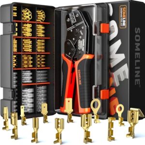 Crimpwerkzeug für Kabelverbindung, 12 Arten Flachsteckhülsen Set, automatischer Ratschenmechanismus und einstellbare Arretierung, Material Kupfer, tragbares Kit mit Aufbewahrungsbox.