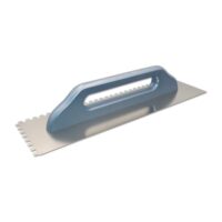 Schweizer Glättkelle aus Edelstahl mit präziser Zahnung und hochwertigen Materialien für gleichmäßige Verteilung von Kleber, Putz oder Fugenmasse.