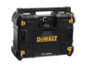 Bild eines DEWALT Akku- und Netzradios, passend zum T-Stak-Boxen-System, mit Ladestation, DAB+- und AM/FM-Empfang, IP54-Schutz, Betrieb über Akku oder 230-Volt-Anschluss