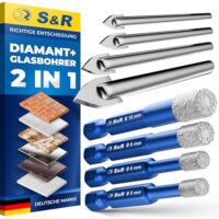 Hochwertiger Bohrsatz für exakte Löcher in harten Materialien wie Fliesen, Keramik, Granit, Glas, Porzellan und Marmor. Diamant- und Hartmetallbohrer in verschiedenen Größen.