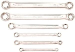 Doppel-Ringschlüssel-Satz mit E-Profil-Ringköpfen, 6-teilig, für verschiedene Größen von Schraubengewinden, chrom-vanadium-stahl gefertigt, warm geschmiedet, matt verchromtes Aussehen und gerade Form