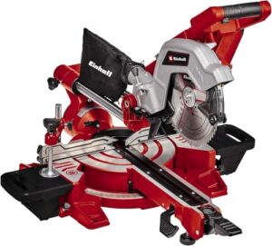 Einhell Zug-Kapp-Gehrungssäge mit Sägeblatt und Drehtisch, 1800 Watt, max. 65 mm x 305 mm Schnitttiefe/-breite, Ø 216 mm Sägeblatt, beidseitig neigbarer Sägekopf, Zugfunktion, Laser