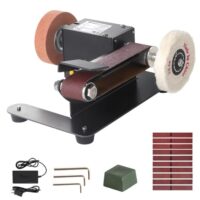 Elektrischer Bandschleifer Polier-Schleifschärfer für Holzbearbeitung, 7 Gang multifunktional mit Polierscheibe, DIY Power Sanding Machine Cutter Edges Mini Bench Belt Grinder Kit (350W)