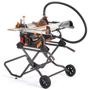 Tischsäge mit Ständer, Evolution Power Tools R255TBLX+, Multimaterial-Sägeblatt, Holz, Metall, Kunststoff, 45° Fase, +/- 60° Gehrungswinkel, 87mm Schnitttiefe, 1800w Motor