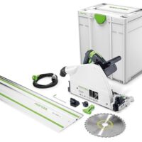 Festool Tauchsäge TS 75 EBQ-Plus-FS mit Kreissägeblatt WOOD UNIVERSAL Rückschlagstopp Splitterschutz Innensechskantschlüssel Führungsschiene im Systainer - Produktfotografie für Heimwerker und Handwerk