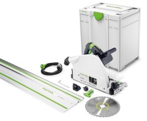 Festool Tauchsäge TS 75 EBQ-Plus-FS mit Kreissägeblatt WOOD UNIVERSAL Rückschlagstopp Splitterschutz Innensechskantschlüssel Führungsschiene im Systainer - Produktfotografie für Heimwerker und Handwerk