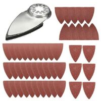 Ein Fingeroszillierendes Multitool mit Schleifpapierkörnungen in verschiedenen Graden, inklusive einer magischen Paste auf der Rückseite. Kompatibel mit vielen Swing-Tools.