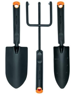 Gartenwerkzeug-Set mit Blumenrechen, Blumenkelle und Pflanzkelle aus Rostfreiem Stahlkopf und Kunststoffgriff