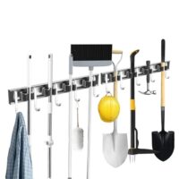 Besenhalterung Wand, Garage Tool Management Wandregal, Besen Mop Halter Wandhalterung mit 4 Haltern und 5 Haken für Zuhause Küche Badezimmer