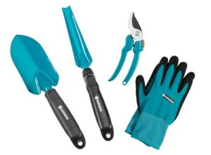 Grundausstattung für Ihren Garten, vierteiliges Gartenset, universelle Gartenschere, stabile Blumenkelle, Unkrautstecher und atmungsaktive Gartenhandschuhe
