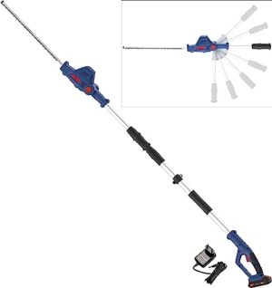 Gýe Akku Teleskop Heckenschere HST 18-201-05 (18 V, 43 cm Schnittlänge, 15 mm Schnittstärke, 6-Fach schwenkbarer Kopf (90°), Teleskop-Auszug bis 2,65 m, Tragegurt, Softgriff, inkl. Akku & Ladegerät)