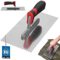 Hochwertige Edelstahl Glättkelle mit Zahnung 4x4 mm für die Fliesenverlegung, rostfreier Edelstahl, stabile Konstruktion und langen Lebensdauer.