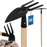 Gartenhacke aus Stahl mit Holzstiel, herzförmige Sense und drei scharfen Klauen, ideal für Unkrautentfernung und Bodenauflockerung