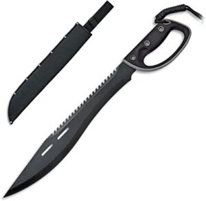 Machete mit Säge in Schwarz, 420er Edelstahlklinge, stabiler Griff und Handschutz, ideal für Gartenarbeiten und Baumfällen
