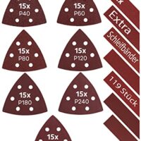 Hochwertiges Delta-Schleifpapier für Dreiecksschleifer mit 93mm Delta, 105 Schleifdreiecke und 14 Schleifstreifen, robuster Klettverschluss, universell einsetzbar