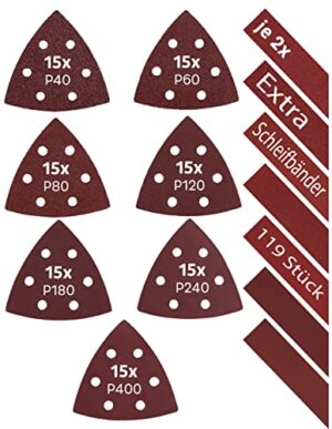Hochwertiges Delta-Schleifpapier für Dreiecksschleifer mit 93mm Delta, 105 Schleifdreiecke und 14 Schleifstreifen, robuster Klettverschluss, universell einsetzbar