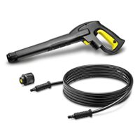 Bild eines 4 Meter langen Hochdruckschlauchs mit Quick Connect-Anschluss und Adapterstück, ideal für den Einsatz in der Heimwerker- und Handwerksbranche