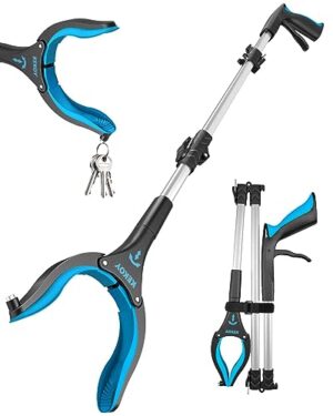 Müllzange für Senioren, faltbar und leicht zu handhaben, ideal für Menschen mit Schmerzen oder Behinderungen, Aluminium-Konstruktion, 91 cm Reichweite, Greifhilfe mit Magnetspitzen, Himmelblau