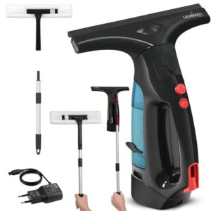 Effektiver und umfassender Fensterreiniger mit 25 min. Akkulaufzeit, 25 cm Reinigungsbreite, 75 m² pro Ladung, 100 ml Schmutzwassertank und Verstellbare Teleskopstange.
