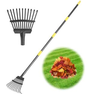 Ergiebiger Rechen mit Metallstiel für Garten, Laub und Abfall sammeln, langlebig und leicht zu handhaben, 177 cm einstellbarer Stiel