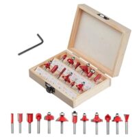 12 Stueck Fräser Set mit Holzkoffer für Holzbearbeitung, höchste Qualität, Hartmetallklingen, perfekte Rotation und präzise Schnitte, ideal für Besäumen, Adern, Zapfen und Einstechen