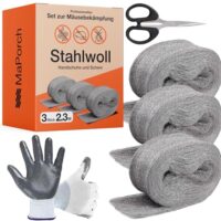 Stahlwolle für Reinigungs- und Polierarbeiten, 3 Rollen, feinste Stahlwolle gegen Mäuse & Schnecken, Löcher Füller Wände, Fenster, Rattenschutz DIY-Set mit Arbeitshandschuhen und Schere