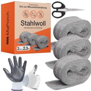 Stahlwolle für Reinigungs- und Polierarbeiten, 3 Rollen, feinste Stahlwolle gegen Mäuse & Schnecken, Löcher Füller Wände, Fenster, Rattenschutz DIY-Set mit Arbeitshandschuhen und Schere