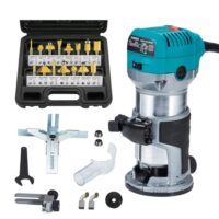 Handliche Einhandfräse für die Tischlerei oder Hobby mit Kantenfräsenmodul, Umfangreiches Zubehör und 15-tlg. Fräser Set.