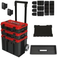 Ein modulares Transport-System für Maschinen, Werkzeug und Zubehör, bestehend aus drei Koffern und verschiedenen Einlagen und Trennwänden, für den sicheren Transport von bis zu 120 kg