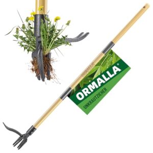 Effektiver Unkrautentferner für Ihre Gartenarbeit, Ormalla Unkrautstecher mit 1,1 Meter langem Bambusgriff und vier Metallkrallen, Aufrecht Stehender Unkrautentferner