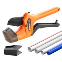 Hochleistungs-Ratschen-Rohrschneider mit Stabilisator für PVC, PPR, PE, PEX, Kunststoffschläuche und Sanitärrohre mit teflonbeschichteter SK5-Klinge