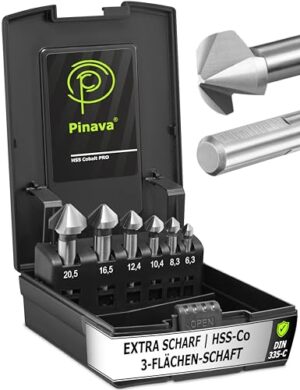 Hochwertiger Profi Senker für Metall, Edelstahl, Kunststoff und Holz - Senkbohrer Versenker scharf 90° Ø6,3-20,5mm - Pinava Kegelsenker Set HSS Cobalt Pro
