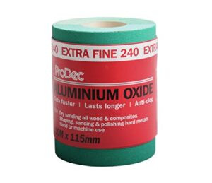 ProDec Schleifpapier 10m Rolle, extrafeine grüne Aluminiumoxid-Schleifrolle mit Körnung 240, ideal für das manuelle oder maschinelle Schleifen von Holz, Farbe, Putz und Metall. Das Schleifpapier ist extra fein und hat eine gute Haftung.