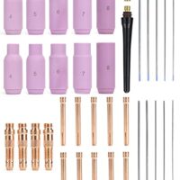 Kit für WP-17, WP-18 und WP-26 WIG-Schweißbrenner mit 36 Stück Verbrauchsmaterialien, darunter Wolframelektrode, Gaslinse und Düsen.