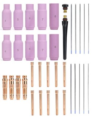 Kit für WP-17, WP-18 und WP-26 WIG-Schweißbrenner mit 36 Stück Verbrauchsmaterialien, darunter Wolframelektrode, Gaslinse und Düsen.