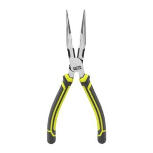 Das Bild zeigt die RYOBI Flachrundzange, eine Werkzeugkiste für das Drehen, Halten oder Befestigen von Muttern, Bolzen und Gegenständen mit unregelmäßiger Form.