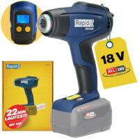 Rapide Heißluftpistole mit 18V Akku, LCD-Display und ergonomischem Design für präzises Arbeiten bei Temperaturen bis 550°C