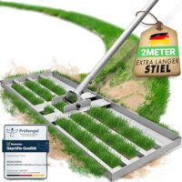 Rasen-Rakel mit 2 Meter langem Stiel, ideal für die Rasenpflege, abgerundete Kanten und Stecksystem, um gleichmäßig über den Boden zu gleiten.
