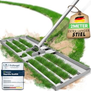 Rasen-Rakel mit 2 Meter langem Stiel, ideal für die Rasenpflege, abgerundete Kanten und Stecksystem, um gleichmäßig über den Boden zu gleiten.