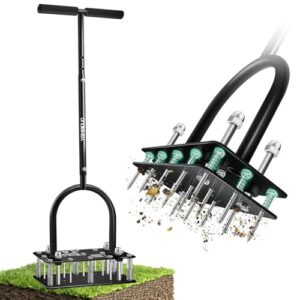 Rasenlüfter, Aerifizierer für Rasen mit 15 Eisen Spikes, Automatische Reinigung von Laub und Schmutz Rasenbelüfter, Höhenverstellbar Rasenspecht für Verdichtete Böden Rasenpflege Hof Garten, Schwarz
