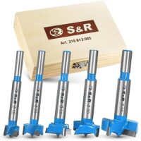 S&R Forstnerbohrer-Set für Holz, 5-teilig mit verschiedenen Durchmessern: 15, 20, 25 und 35 mm, in einer Holzbox enthalten. Die Bohrer sind aus hochwertigem Material gefertigt und haben ultrascharfe Hartmetall-Schneiden aus Wolframkarbid.