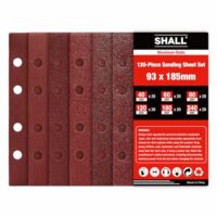 SHALL-120 Schleifpapier, rechteckiges Blatt mit 8 Löchern und Klett-Schleifpad für verschiedene Körnungen von grob bis fein.