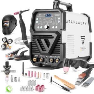 Vielseitiges AC/DC-Schweißen für alle Metalle, Pulsfunktion für präzise Ergebnisse, IGBT-Inverter-Technologie, 200 A, WIG & MMA, Plasmaschneider, ideal für Alu und Dünnblech