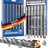 Hochwertiger SDS Plus Betonbohrer mit 7 Bohrern in verschiedenen Durchmessern und einer wiederverwendbaren Kassette für tiefere Bohrungen in Beton, Stein und Mauerwerk. Perfekt für Profis und Anfänger.