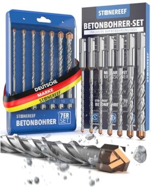 Hochwertiger SDS Plus Betonbohrer mit 7 Bohrern in verschiedenen Durchmessern und einer wiederverwendbaren Kassette für tiefere Bohrungen in Beton, Stein und Mauerwerk. Perfekt für Profis und Anfänger.