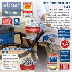 Scheppach Tauchsäge PL55 mit Zubehör und Absauganlage HD2P, Heimwerker- und Hausbau-Zubehör, Tauch-Scheibe für Wasserfarben und Substanzen, Absauganlage für direkte Entsorgung