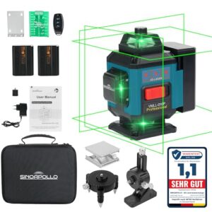SinoApollo Kompakte 4D Laserwasserwaage für Bauarbeiten und Bilderhänge, Selbstnivellierend mit vier grünen Kreuzlinienlaser und zwei wiederaufladbaren Batterien