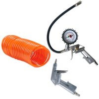 Druckluftset mit Reifenfüllmesser, Ausblaspistole und Spiralschlauch für Werkstatt, Auto und Garage