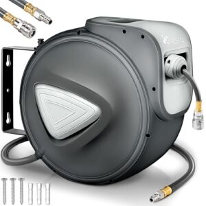 Automatischer Druckluftschlauch-Aufroller mit 20 m langem Schlauch und 1/4 Zoll Anschluss, perfekte Wicklung für Heimwerker-Projekte, Grauer Farbton